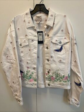 Guess White Denim Jacket with Pink Floral & Blue Butterfly Embroidery